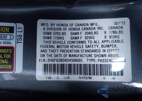 2013 Honda Civic Ex-L from USA, damaged, VIN 2HGFG3B04DH506695
